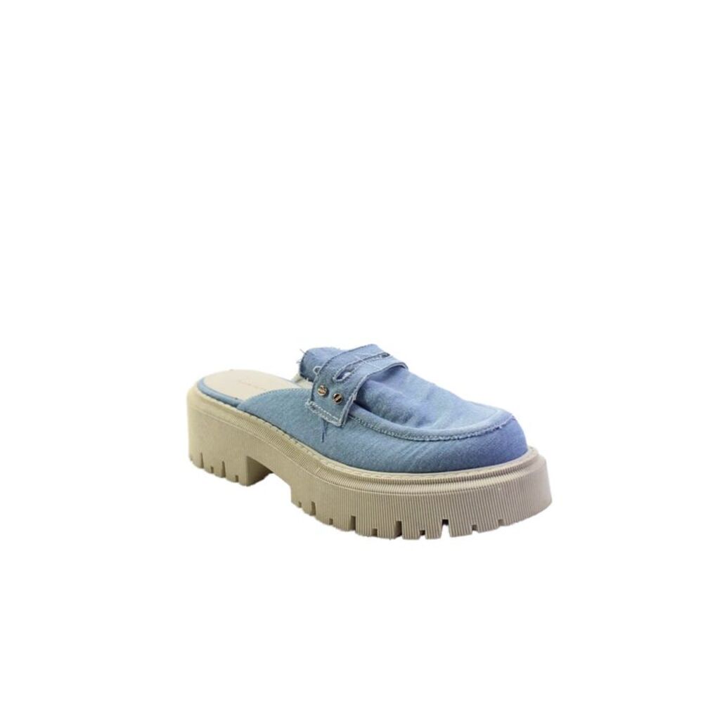 Makris Womens Denim Apron Toe Slip On Platform Penny Mules Jean Blue Size 7US